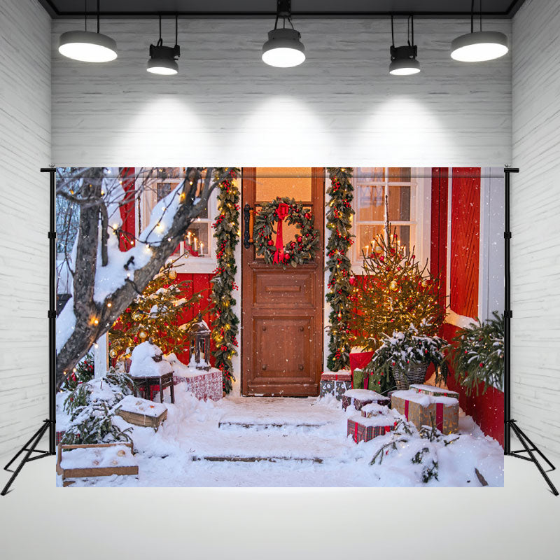 Red House Wooden Door Wreath Christmas Backdrop - Layoris