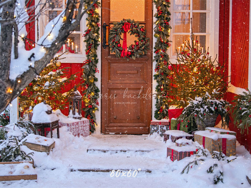 Red House Wooden Door Wreath Christmas Backdrop - Layoris