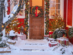 Red House Wooden Door Wreath Christmas Backdrop - Layoris