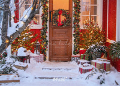 Red House Wooden Door Wreath Christmas Backdrop - Layoris