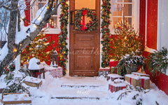 Red House Wooden Door Wreath Christmas Backdrop - Layoris