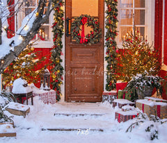 Red House Wooden Door Wreath Christmas Backdrop - Layoris