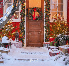 Red House Wooden Door Wreath Christmas Backdrop - Layoris