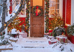 Red House Wooden Door Wreath Christmas Backdrop - Layoris