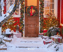 Red House Wooden Door Wreath Christmas Backdrop - Layoris