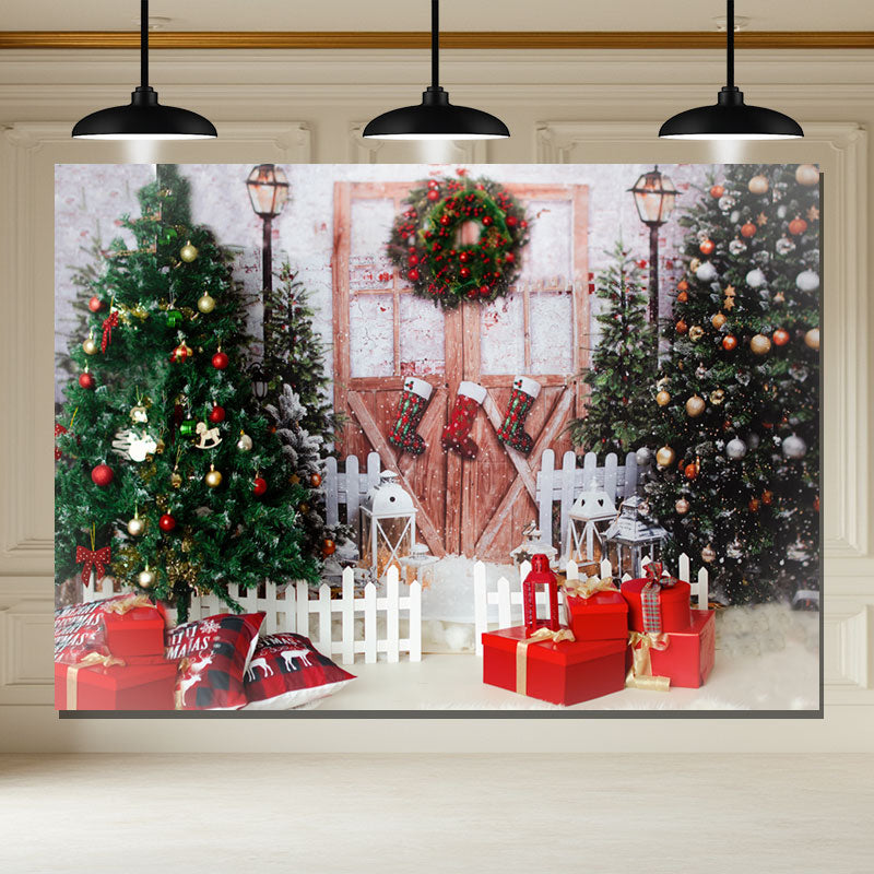 Layoris Wreath Wooden Door Christmas Tree Festive Backdrop