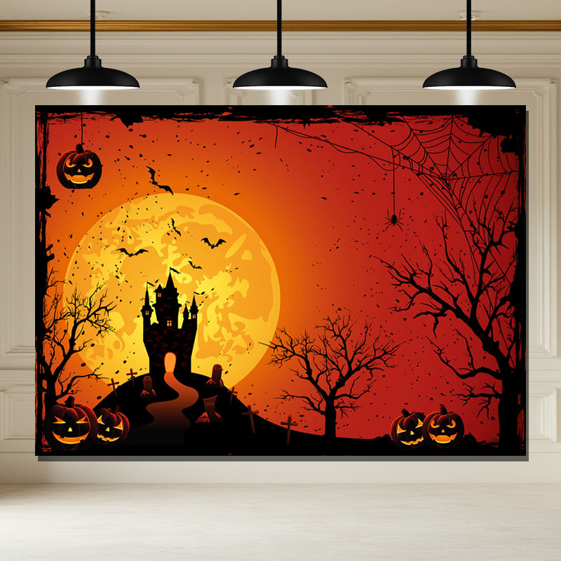 Layoris Pumpkin Castle Moon Orange Halloween Backdrop