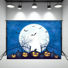 Layoris Scary Giant Moon Spiderweb Blue Halloween Backdrop