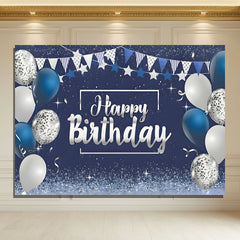Layoris White Blue Balloon Glitter Happy Birthday Backdrop