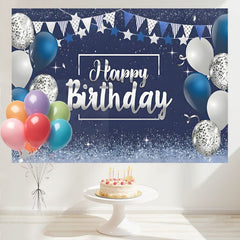 Layoris White Blue Balloon Glitter Happy Birthday Backdrop