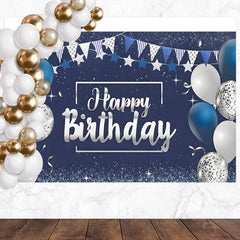 Layoris White Blue Balloon Glitter Happy Birthday Backdrop