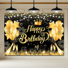 Layoris Golden Glitter Balloons Happy Birthday Backdrop