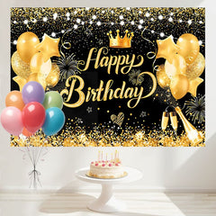 Layoris Golden Glitter Balloons Happy Birthday Backdrop