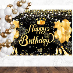 Layoris Golden Glitter Balloons Happy Birthday Backdrop