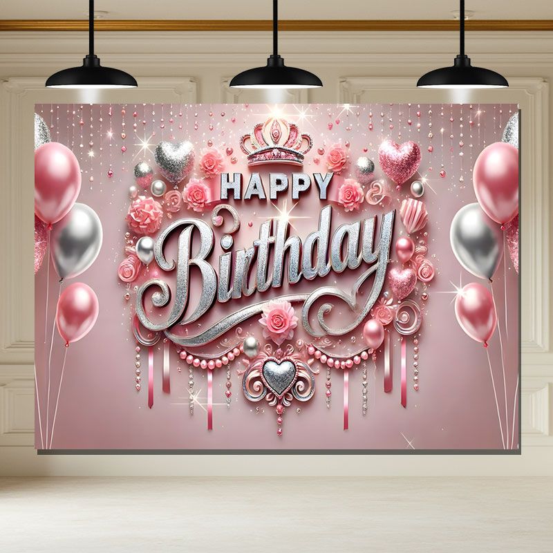Layoris Silver Pink Balloon Crown Birthday Backdrop For Girls
