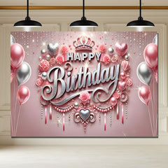 Layoris (7 Days Delivery) Silver Pink Balloon Crown Birthday Backdrop For Girls