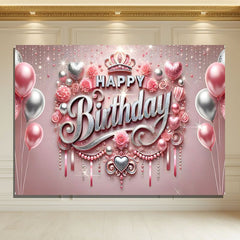 Layoris Silver Pink Balloon Crown Birthday Backdrop For Girls