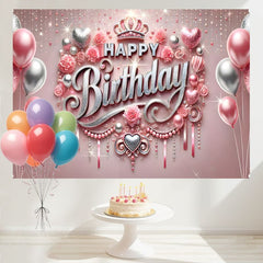 Layoris Silver Pink Balloon Crown Birthday Backdrop For Girls