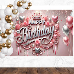 Layoris Silver Pink Balloon Crown Birthday Backdrop For Girls