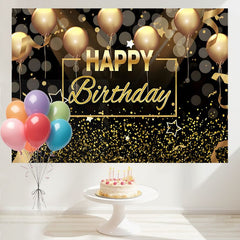 Layoris Black And Gold Balloon Glitter Birthday Backdrop