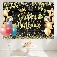 Layoris Star Balloon Glitter Golden Happy Birthday Backdrop