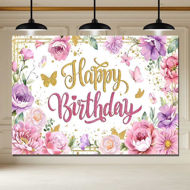 Layoris Pink Floral Purple Flower Glitters Birthday Banner