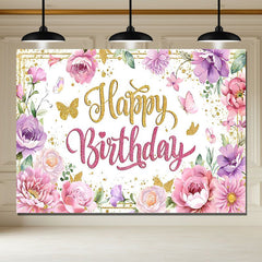 Layoris Pink Floral Purple Flower Glitters Birthday Banner