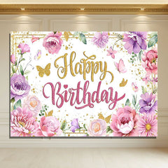 Layoris Pink Floral Purple Flower Glitters Birthday Banner