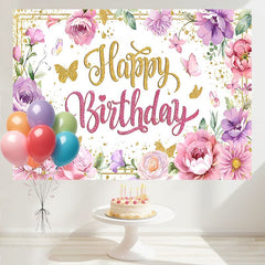 Layoris Pink Floral Purple Flower Glitters Birthday Banner