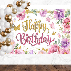 Layoris Pink Floral Purple Flower Glitters Birthday Banner