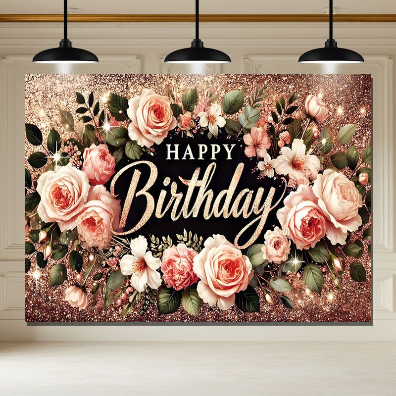 Layoris Happy Birthday Backdrop Banner Rose Gold Glitter Floral