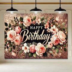Layoris Happy Birthday Backdrop Banner Rose Gold Glitter Floral