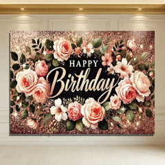 Layoris Happy Birthday Backdrop Banner Rose Gold Glitter Floral