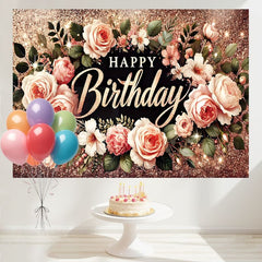 Layoris Happy Birthday Backdrop Banner Rose Gold Glitter Floral