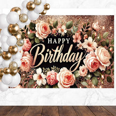 Layoris Happy Birthday Backdrop Banner Rose Gold Glitter Floral