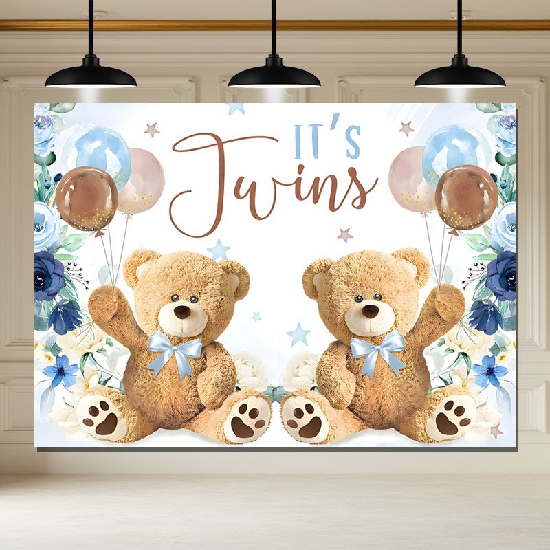 Layoris Its Twins Boy Blue Floral Balloon Baby Shower Backdrop
