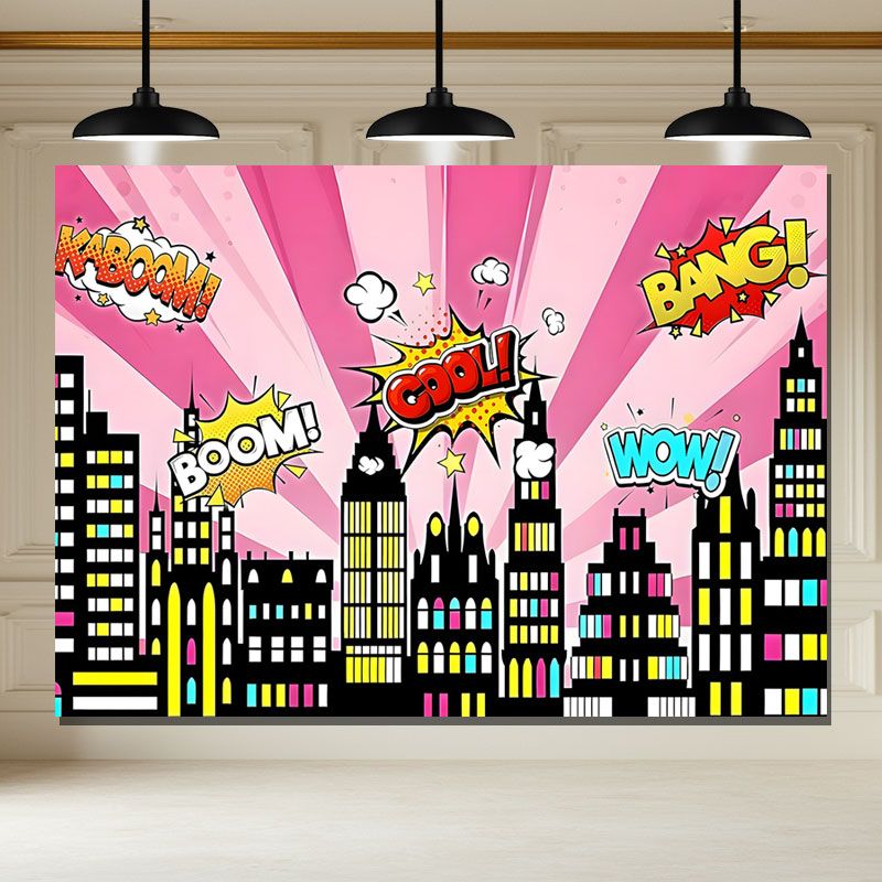 Layoris Pink Cartoon Super City Backdrop For Birthday Party