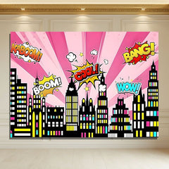 Layoris Pink Cartoon Super City Backdrop For Birthday Party