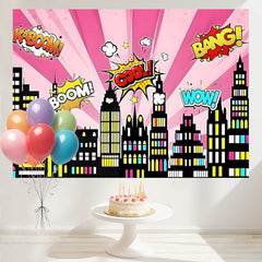 Layoris Pink Cartoon Super City Backdrop For Birthday Party