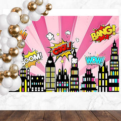 Layoris Pink Cartoon Super City Backdrop For Birthday Party