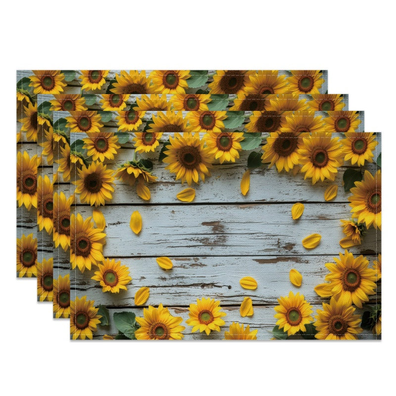 Layoris Tischset mit Sonnenblumen-Muster, Holzmaserung, Weiß