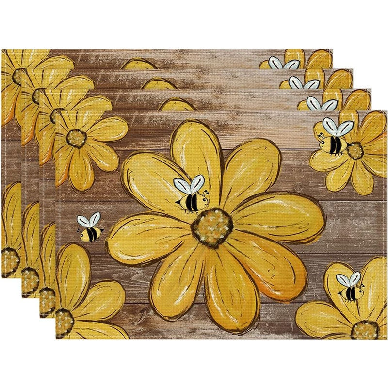 Layoris Cute Bee Flower Wood Grain Placemat Set