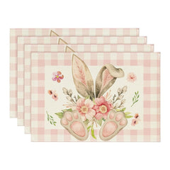 Layoris Flower Lying Bunny Pink Plaid Placemat Set