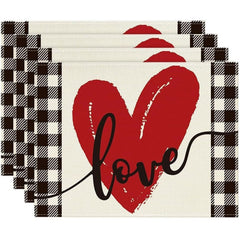 Layoris Red Heart Love Black And White Plaid Placemat Set