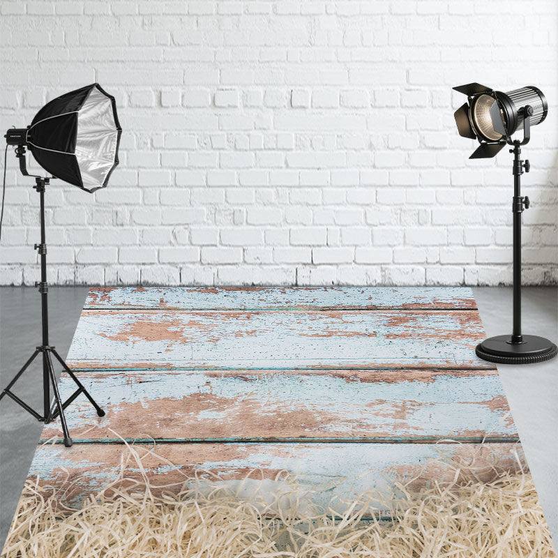 Peeling Blue Wood Hay Fabric Floor Backdrop - Layoris