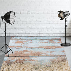 Peeling Blue Wood Hay Fabric Floor Backdrop - Layoris