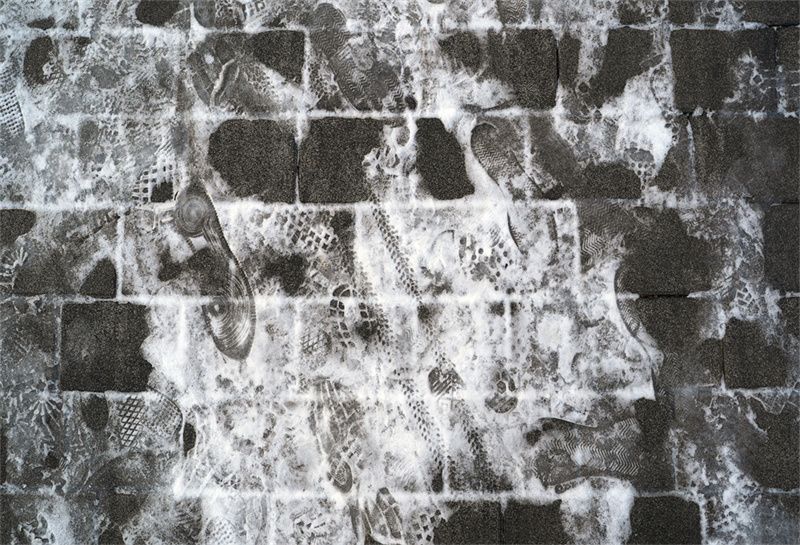 Brick Road Footprints In The Snow Floor Backdrop - Layoris