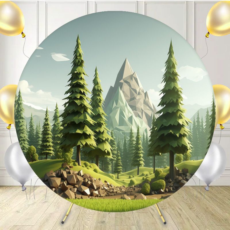 Cartoon Mountain Pine Forest Round Backdrop - Layoris
