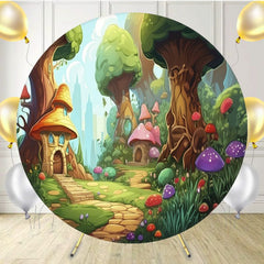 Cartoon Tree House Colorful Mushroom Round Backdrop - Layoris