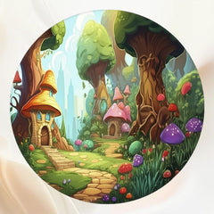 Cartoon Tree House Colorful Mushroom Round Backdrop - Layoris
